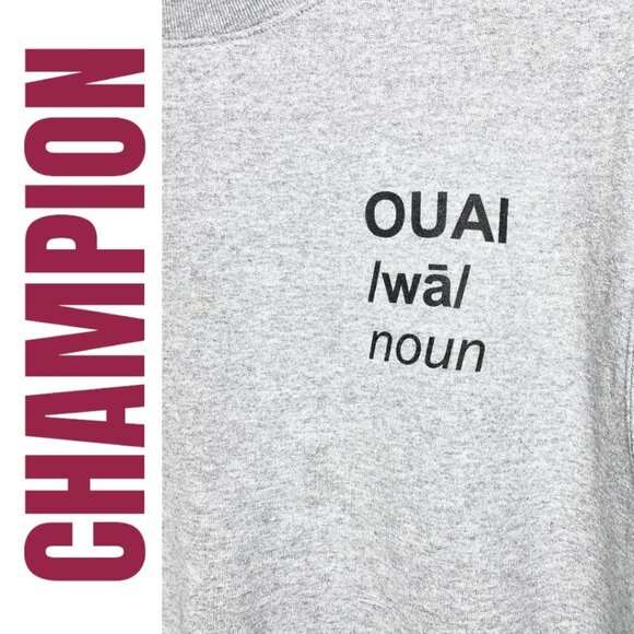 CHAMPION SWEATSHIRT FRENCH TEXT OUAI GRAPHIC GRAY BLACK, SIZE MEDIUM - Picture 4 of 9